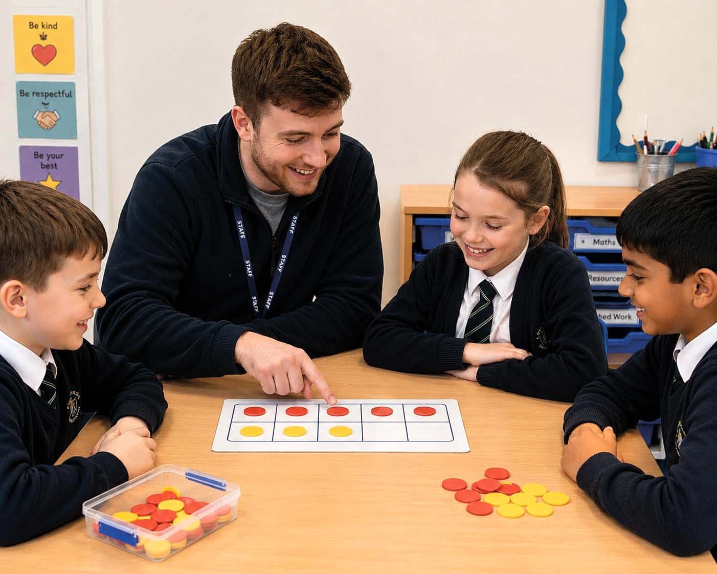 Teacher working with pupils on a ten frame with red and yellow counters